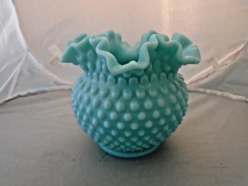Fenton ( UNMARKED ) Blue Turquoise Milk Glass Hobnail Ruffled Vase