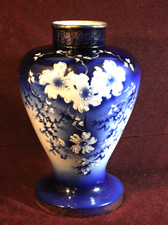 Antique Ironstone Flow Blue Pottery Hand Painted Vase w/ Gold Gilding