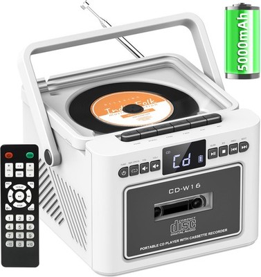 CD Player Tragbar Boombox Kassettenspieler mit UKW Radio Bluetooth 5.1 5000mAh