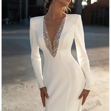 Elegant Mermaid Wedding Dress Shiny Full Sleeve V-Neck Modern Sweep Customized