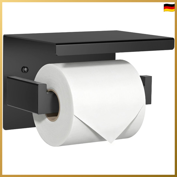 Toilettenpapierhalter Selbstklebend Edelstahl Schwarz Mit Ablage Wandmontage-image