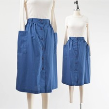 Vintage 70s Navy Blue Cotton Blend Button Front Midi Skirt with Pockets M