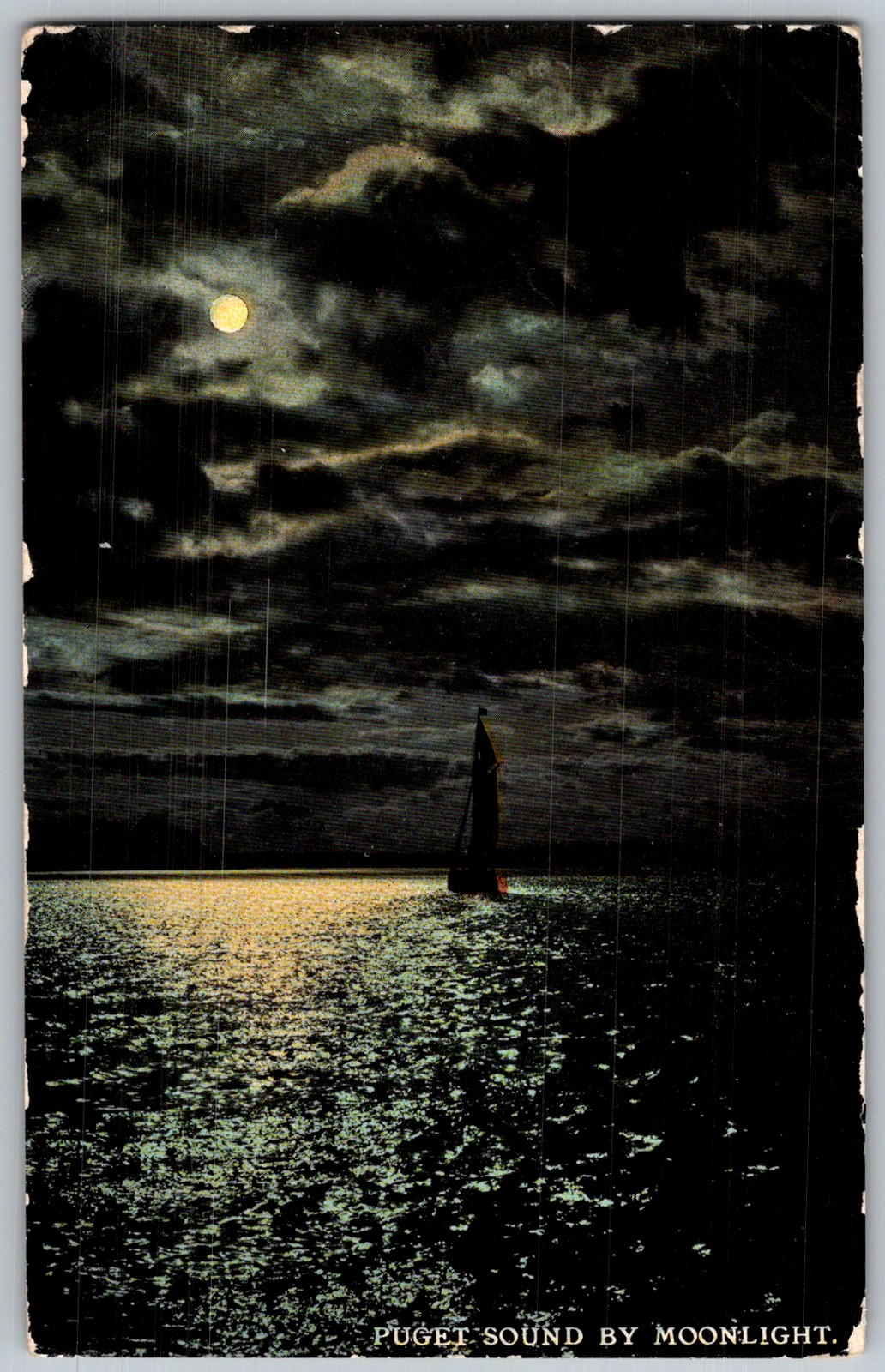 Antique Postcard Moonlight Sailboat Puget Sound, WA 1910s