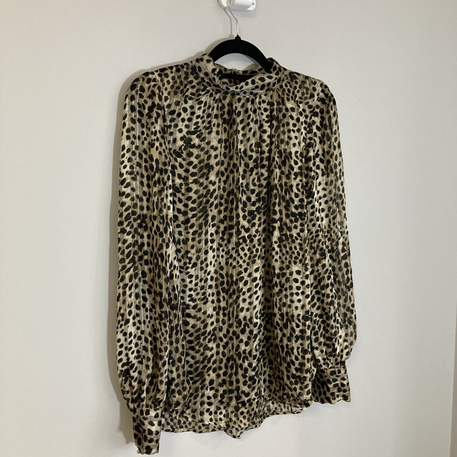 Womens Blouse Mock Neck Sheer Office Work Medium Ruffle H&M Flowy Animal Print