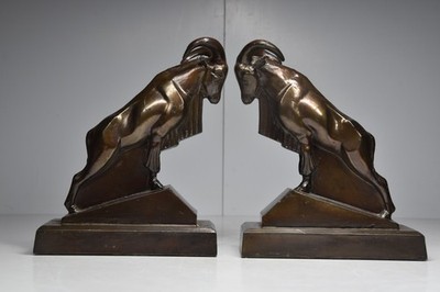 Vintage Max Le Verrier Ram Ibex Sheep Art Deco Bookends Cast Patina Metal 1930's