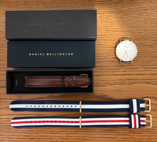 Daniel Wellington Sheffield 36mm Rose Gold Watch + 3 Straps Lot Leather & Nylon
