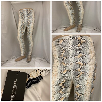 Pretty Little Thing Stretch Pants Sz 8 White Snakeskin Skinny UK NWT YGI Q2-123