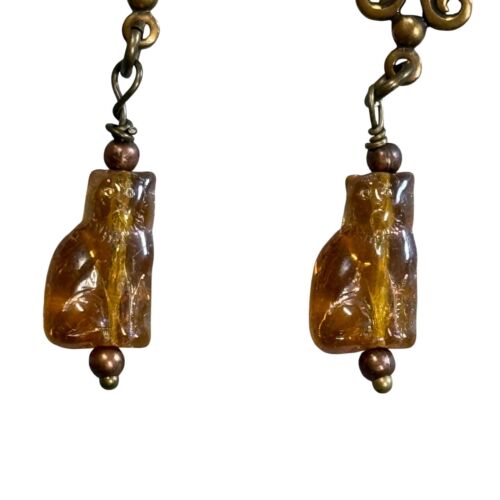 Vintage Heart Dangle Earrings Amber Cat Charm Gold Bronze Tone Bohemian Jewelry - Picture 4 of 5