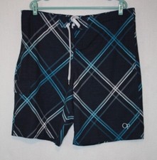 OP Men's Navy Blue Biased Plaid Board Surf Swim Shorts Size L