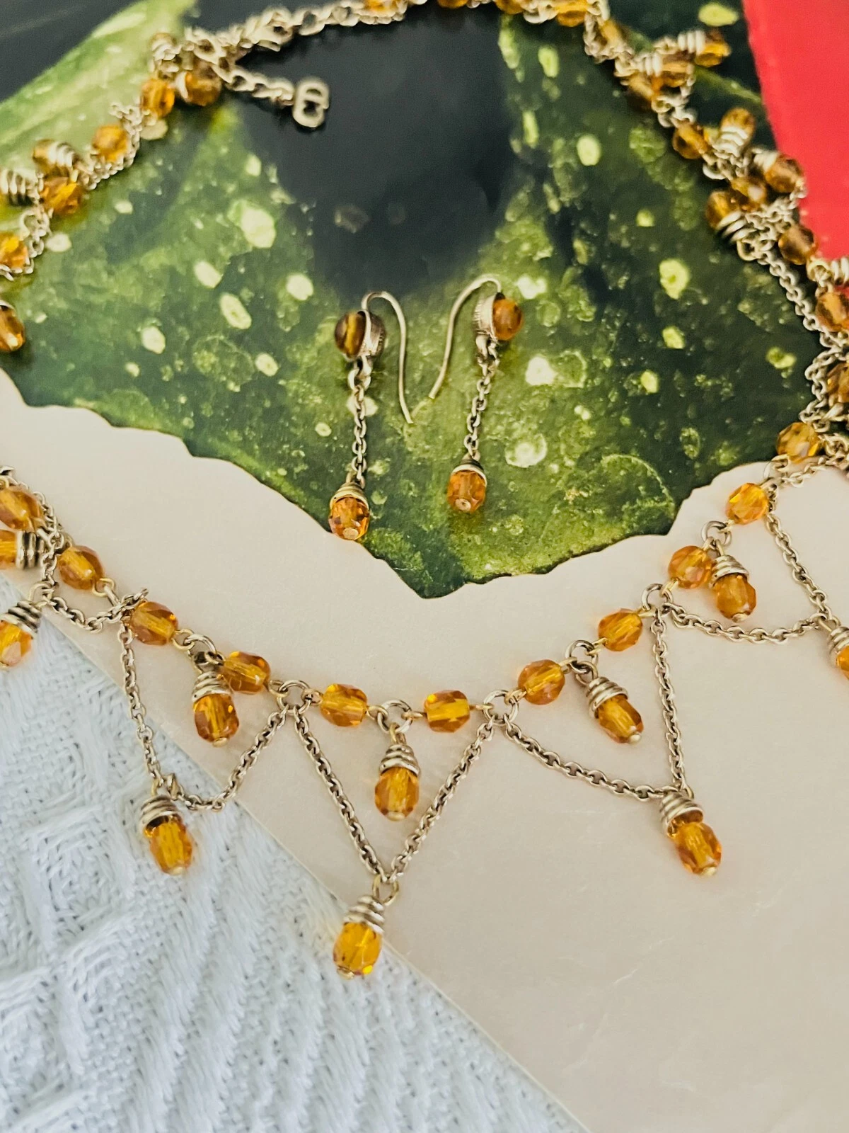 Christian Dior Vintage Citrine Cristaux Bavoir Gland Goutte Set, Collier Boucles d'oreilles