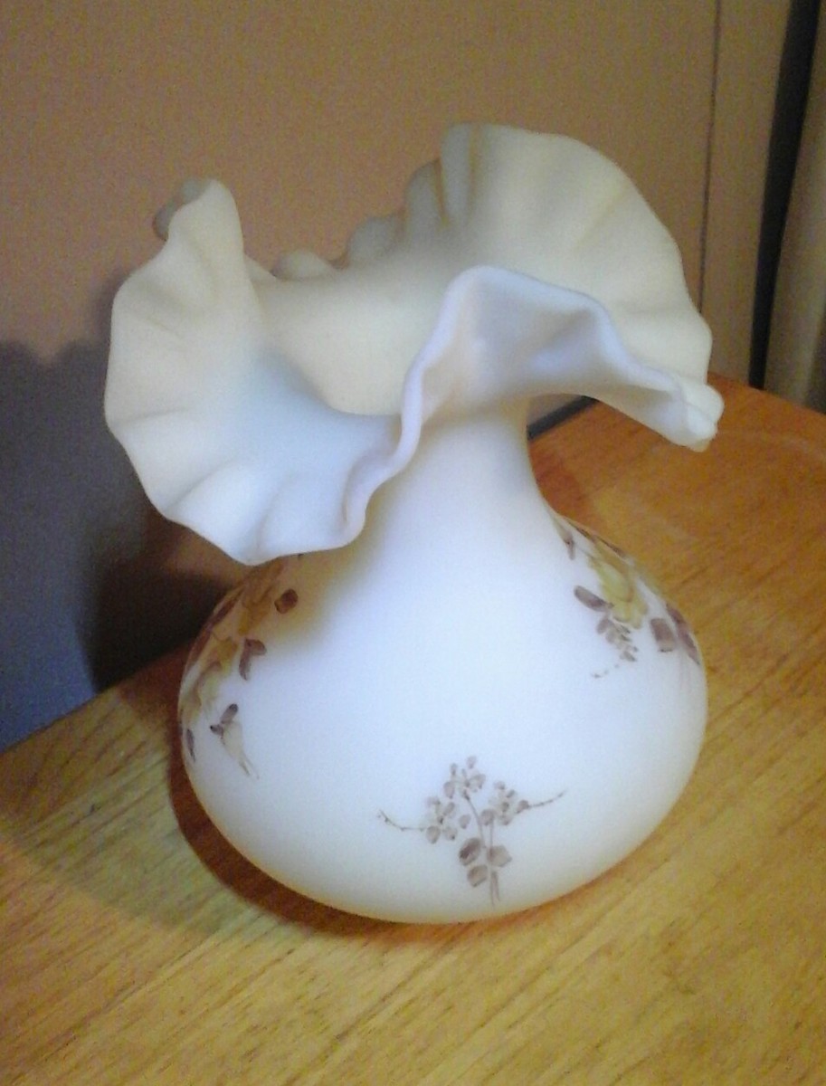Fenton Yellow Custard Satin Glass Hand Painted Floral 7