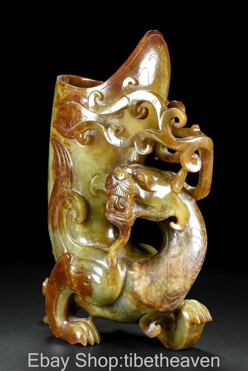 9.6" Old Chinese Hetian Jade Craving Fengshui Dragon Beast Statue Cup Glass Mug