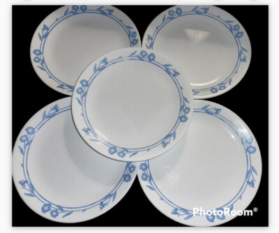 Set of Corelle Cornsilk 10 1/4” Dinner Plates White w/ Blue