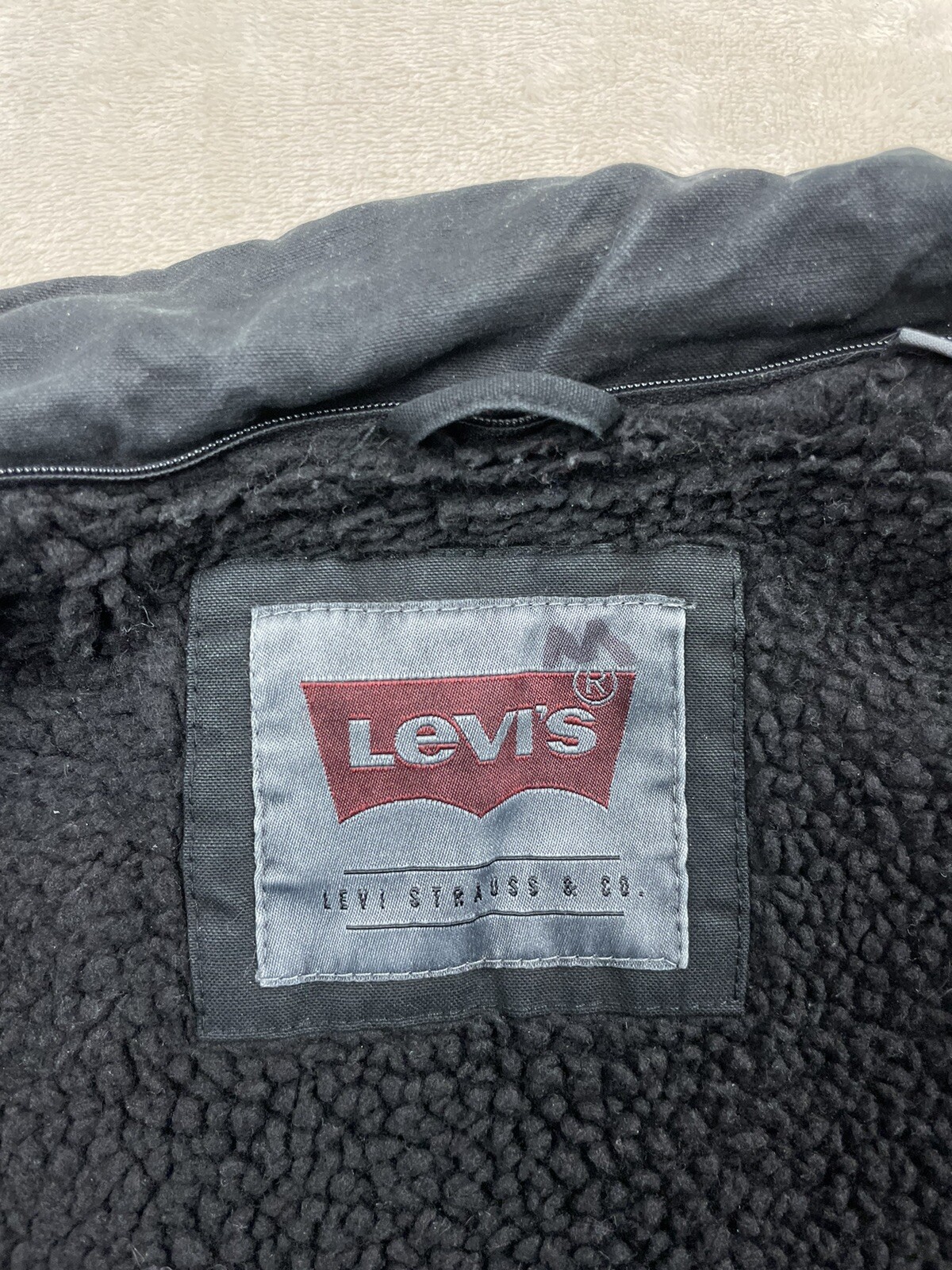 Levis Men’s Black Sherpa Lined Trucker Canvas Jacket … Gem