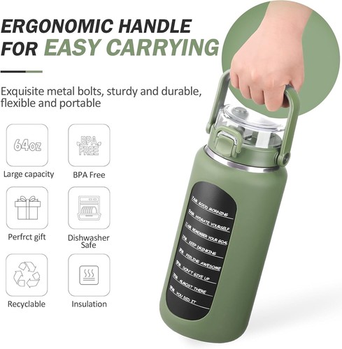 64oz Insulated Water Bottle with Straw and Handle Leakproof Half Gallon Wide ... - Picture 6 of 8
