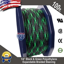 100 FT 1/4" Black & Green Expandable Wire Sleeving Sheathing Braided Loom Tubing