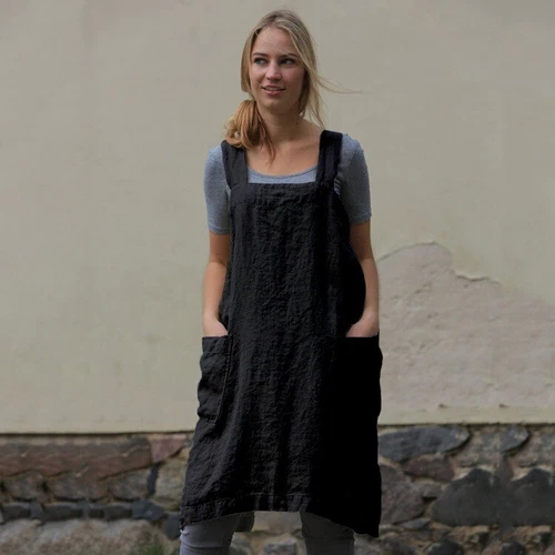 Lässiges lockeres Damenkleid Baumwolle Leinen Hausarbeit Wickeloptik gekreuzter Rückenschürze - Bild 13 von 26