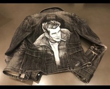 Hand Painted James Dean, Guess Distress Jacket Gray - Nwt Size L, (fits Size M)