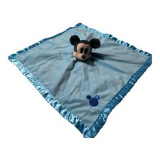 Disney MICKEY MOUSE Baby Lovey Security Blanket Plush Soft Blue Satin Edge Trim
