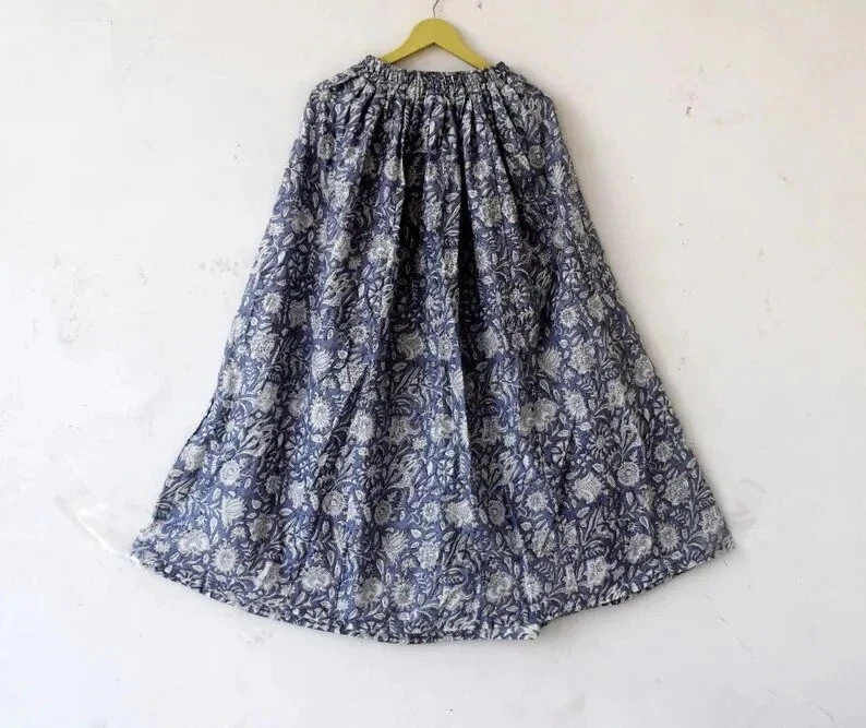 Indian Grey Floral Skirt Cotton Skirt, Long Skirt, Free Size Beachwear Skirts AU