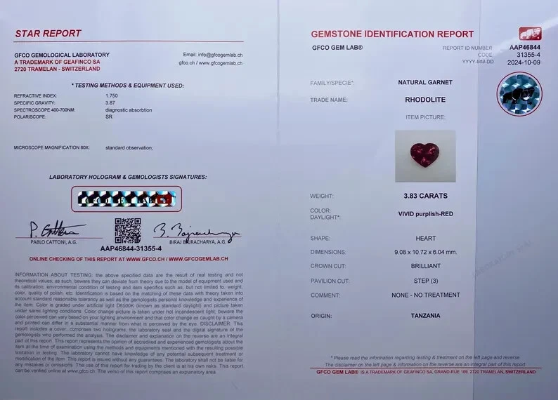 Piedra preciosa de rodolita granate natural de 3,83 quilates certificada por GFCO, corazón corte brillante Foto 4 de 4