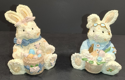 Patchwork Bunnies Figurines, Boy Gardener & Girl Easter, Item # 50350 Set Of 2