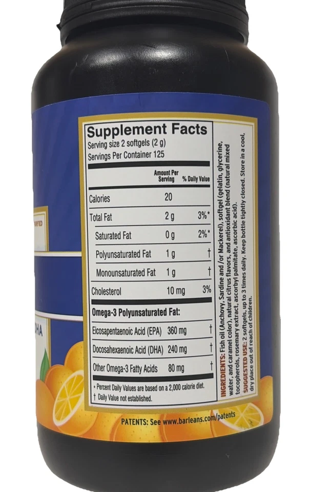 Barlean's - Aceite de pescado - Omega-3 EPA/DHA 250 cápsulas blandas - Sabor naranja | CAD 6/27| Foto 2 de 4
