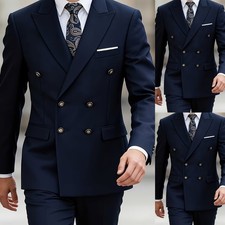 Offical Men's Suit Double Breasted Navy Blue Business 2Pcs Formal Tuxedo Jacket