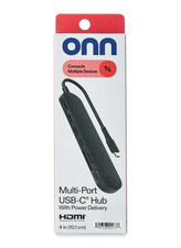 onn. USB-C Multi-Port Hub w/ HDMI USB-A SD/MicroSD  USB-C PD, Black 4in