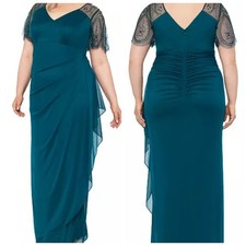 XSCAPE Green Embellished Sheer Matte Jersey Gown Dress Size 18 Ruched Maxi Long