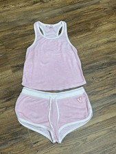 Y2K Victoria  s Secret Pink White Terry Cloth Velour Tank Top Shorts Set Size M
