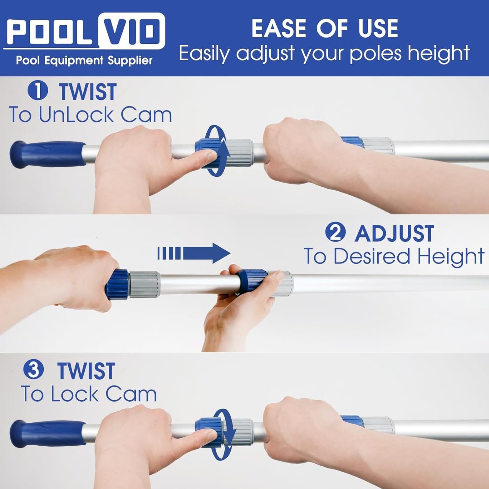 15 FT Telescopic Pool Pole - Adjustable 3 Piece Aluminum Pool Skimmer Pole fo...