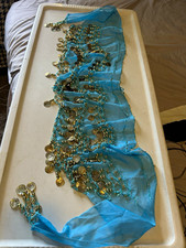 Women  s Blue Solid Chiffon Belly Dance Hip Scarf with Gold Coins
