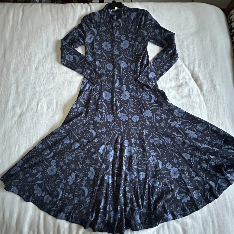 Vestido LOFT para mujer mediano azul marino estampado floral luna manga larga midi cuello falso Foto 3 de 4