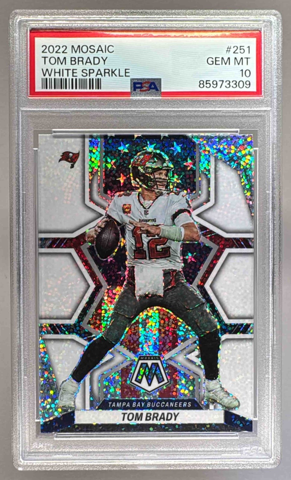 85973309 Tom Brady 2022 Panini Mosaic #251 White Sparkle National Pride PSA 10