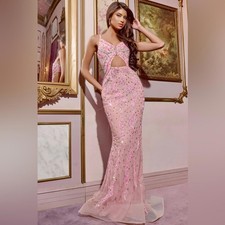 Jovani Pink Beaded Cutout Gown with Intricate Detailing and Open Back D5713