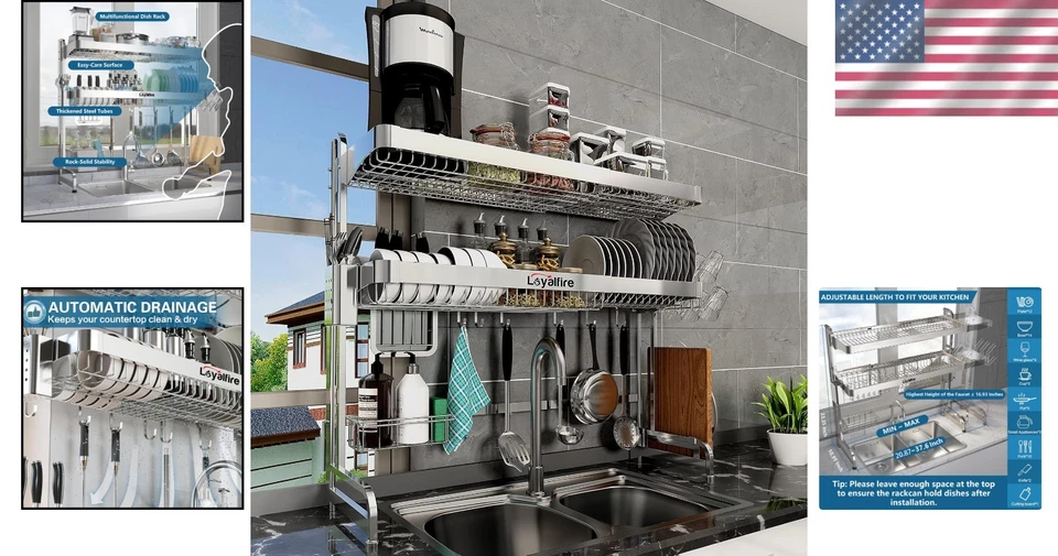 Adjustable Over Sink Dish Drainer with Cutlery Holder - Elegant Kitchen Solution — 第 2/4 张图片