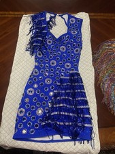 Women  s Latin Dance Dress Blue with Big Crystals  Rhinestones Size Small