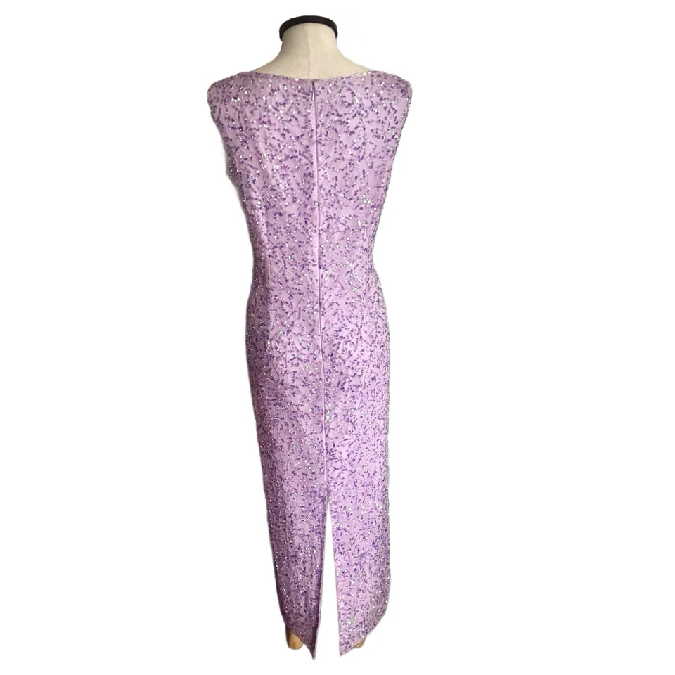 Wow Vintage Black Tie Evening Gown Size 18 Lilac Silk Sequin & Beaded Formal - Image 4 of 4