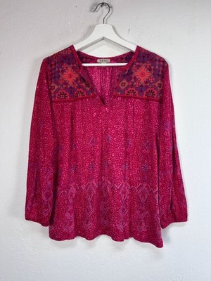 Lucky Brand Womens Boho Floral Embroidered Peasant Blouse Top Medium Red/Pink
