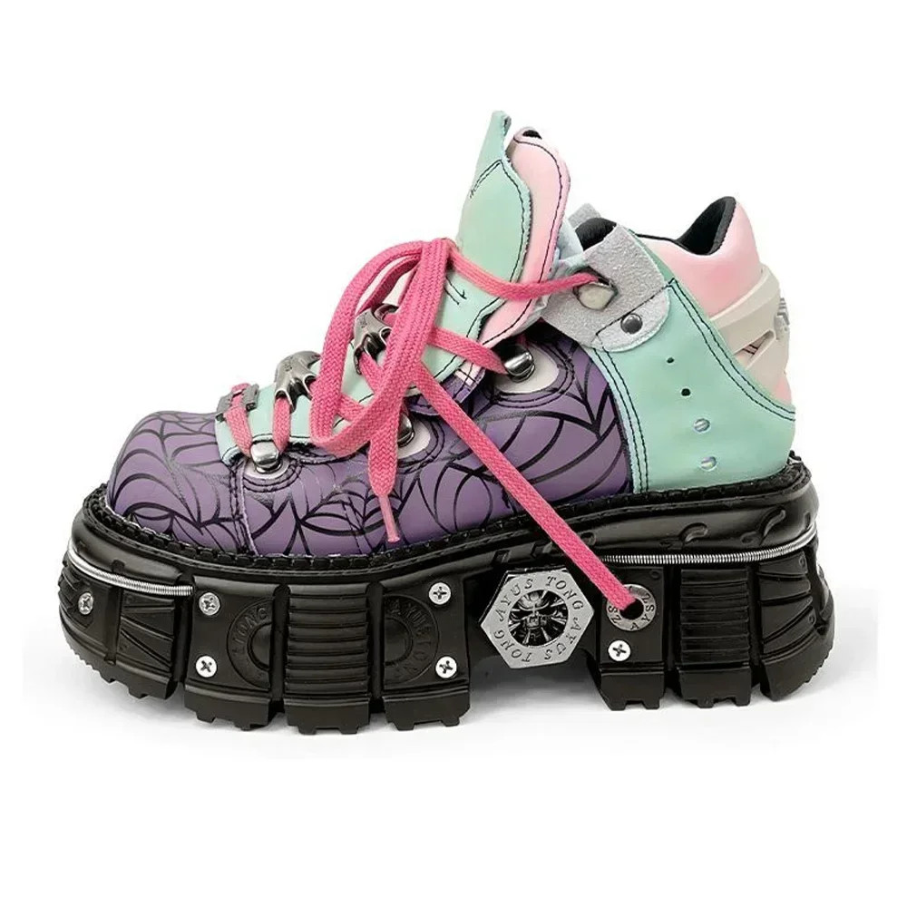 Botas de moto de plataforma de 7 cm de tacón grueso de metal punk de moda para mujer