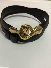 Chico's Black Leather Adjustable Belt Hammered Brass Hook Statement Buckle S/M