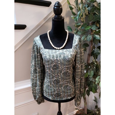 Lucca Blouse Women Medium Green Paisley Puff Sleeve Square Neck Boho Chic