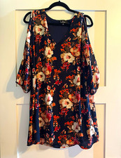 Lulus Navy Floral V-Neck 3/4 Sleeve Shift Mini Dress Womens Size S