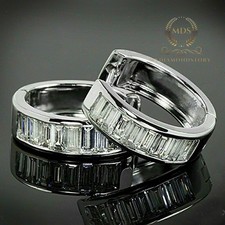 Solid 14K White Gold Moissanite Huggie Hoop Earrings 1.80 Carat Emerald Cut VVS1