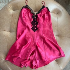 Silky Lace Trim Pinup Slinky Vixxon Festival Vtg 90s Red Teddy Romper Lingerie S