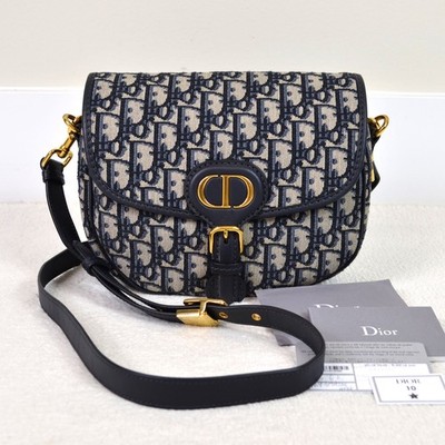 Christian Dior Bobby Medium Blue Oblique Embroidery Shoulder Bag Purse Handbag