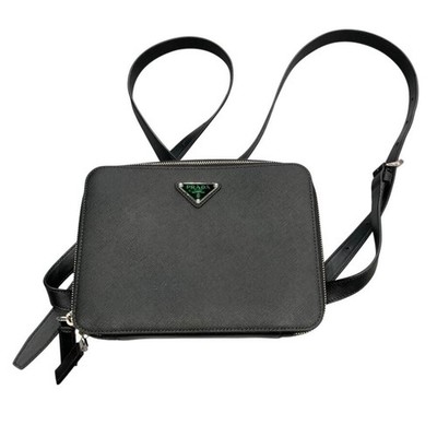 PRADA Saffiano Leder Schultertasche schwarz Herren 2VZ038 silber Reißverschlu...