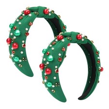 2 Pcs Christmas Headband for Women Pearl Knotted Headband Red One Size Green