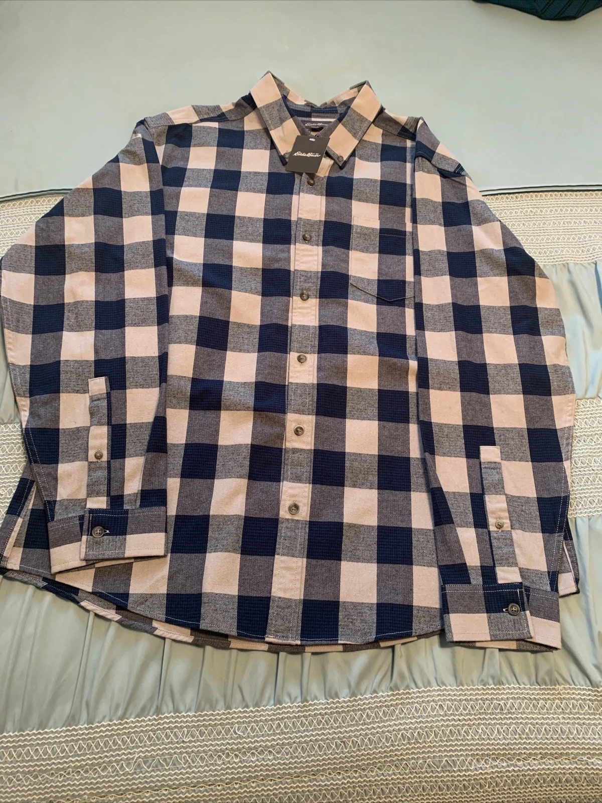 New Eddie Bauer Men's XL Grey Blue Plaid Field Flannel Cadet Shirt Outdoors NWT